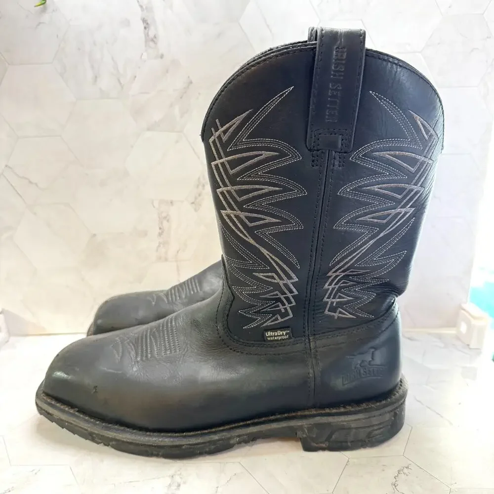 Irish Setter Boots 83956 Pull On Black Sz 9 EE Waterproof Square Steel Toe